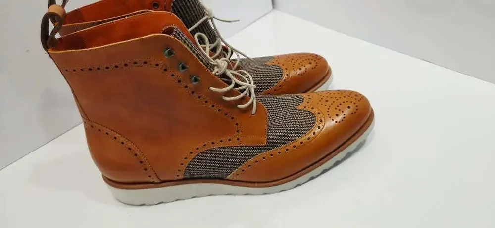 Stanlion Deluxe Brown Leather and Tweed Lace-Up Brogue Boot